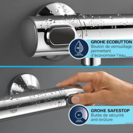 Grohe 34800001 Conjunto de Ducha con Mezclador Termostático, Rociador 1 Chorro, Barra 60cm, Flexo, Ahorro de Agua - Cromo