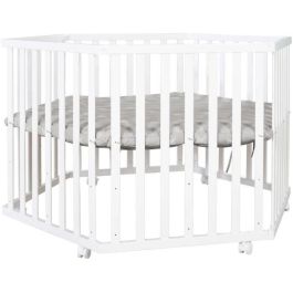 Roba AAAIG92169 Parque infantil hexagonal de madera lacada en blanco LITTLE STARS, altura regulable, funda acolchada, ruedas con freno.