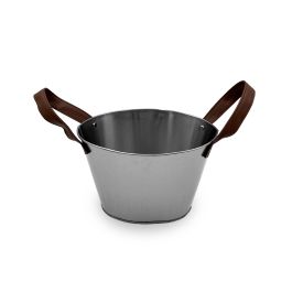 Inde Cubo Metal Ovalado con Asas de Piel Color Gris 20 cm (12 Unidades)