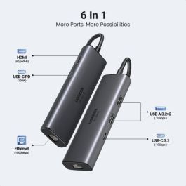 UGREEN 45000 Hub USB-C Revodok 6 en 1: Docking Station con HDMI 4K@60Hz, Ethernet, Carga PD 100W, USB 10Gbps, Gris