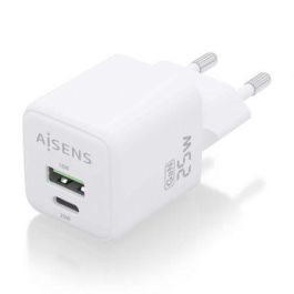 AISENS ASCH-25W2P014-W Cargador GaN 25W USB-C USB-A Doble Puerto Carga Rápida Universal para Móviles, Tablets y Portátiles Blanco