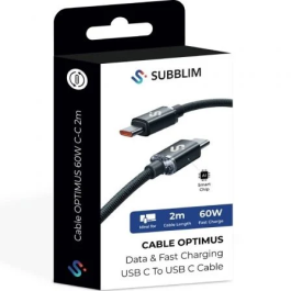 Subblim Cable USB-C a USB-C Optimus 60W 480Mbps 2m Negro Carga Rápida Nylon Trenzado PD
