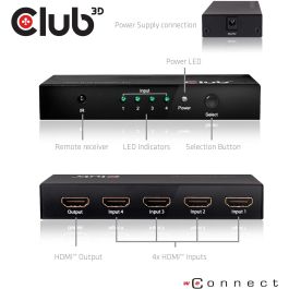 Club3D HDMI Switch Box 4 Entradas 1 Salida 4K Ultra HD 60Hz compatible con HDMI 2.0a, HDCP, con mando a distancia