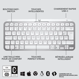 Logitech Teclado Inalámbrico MX Keys Mini Compacto Bluetooth Retroiluminado para Mac, iOS, Windows, Linux, Android - Gris Pálido
