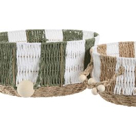 DKD Home Decor Cesta Decorativa Tropical de Fibra Verde Crema 35 x 35 x 16 cm, Set de 2 Unidades