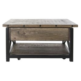 DKD Home Decor Mesa Centro Vintage con Ruedas, 1 Cajón, Madera Mango y Metal, Marrón Oscuro/Negro, 116x74x44 cm