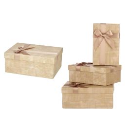 Set 3 Cajas de Cartón Rectangular Natural con Rayas y Lazo - Pincello 23x16x10 cm (12 Unidades)