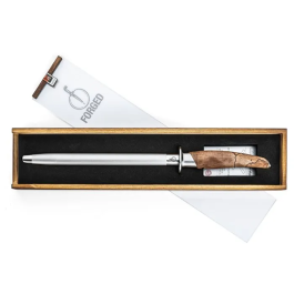 FORJADO Afilador de acero VG10 Mango de madera de raíz Largo 43,5 cm