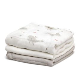 KioKids Set 3 Muselinas Bebé Océano Gris y Blanco Bambú Algodón 70x70 cm
