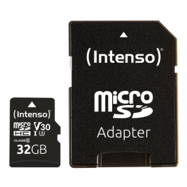Intenso Tarjeta de Memoria Micro SD 32 GB Clase 10 U3 V30, velocidad lectura 100 MB/s, escritura 45 MB/s, grabación 4K UHD, resistente, con adaptador SD Precio: 12.4146. SKU: B1GZ7HSPE7