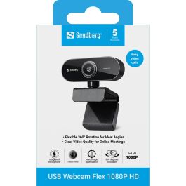 Sandberg Webcam USB Flex 1080P HD Full HD con Micrófono Integrado para Videollamadas, Imagen Nítida y Definida, Plug & Play