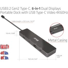 Club3D USB-C 6in1-HUB >HDMI/2xUSB-C/2xUSB/LAN 8K30Hz PD100W Hub USB-C portátil con HDMI 4K60Hz, 2xUSB 3.2, 2xUSB-C y Ethernet Gigabit, carga PD 100W