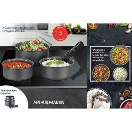 Arthur Martin AM777GM Batería de Cocina 3 Sartenes 16-18-20 cm Gris Mate Antiadherente Inducción Mango Extraíble Aluminio