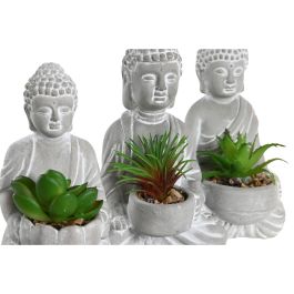 DKD Home Decor Planta Oriental Decorativa con Buda, de Cemento y PE, Set 3 Unidades, Gris Claro y Verde, 8x16x10.5 cm