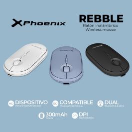Phoenix technologies Rebble Ratón Inalámbrico Bluetooth 5.2 y Wireless 2.4 Ghz, Batería Recargable USB C, 1600 DPI, Ratón Óptico Ligero