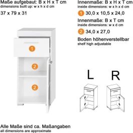 Trendteam TRE4251014141968 Mueble bajo de baño AMANDA 1 puerta + 1 cajón Blanco L37 x P31 x H79 cm