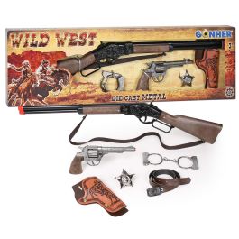 Gonher 498/0 Set de Vaquero Wild West Revolver y Rifle de Metal 8 Tiros para Fulminantes Cartuchera Cinturón Esposas Estrella Sheriff +3 Años