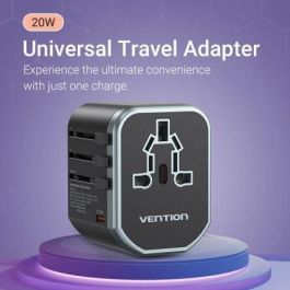 Vention FJCB0 Adaptador de Pared Universal para Viaje 3 Puertos USB (1xUSB-C + 2xUSB-A) 20W Carga Rápida EU UK US AU China Negro