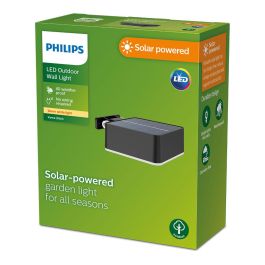 Aplique solar cuadrado, ip 44 1,5w, 200im 2700k, luz cálida, medidas: 10,5x4,6x13,6cm. philips