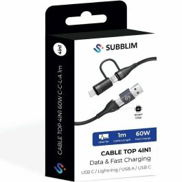 Subblim SUBCAB-4IN101 Cable USB 4 en 1 (USB-A/C a C/Lightning) Carga Rápida 60W 480Mbps 1m Negro Nylon Trenzado