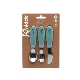 KioKids Set Cubiertos Infantiles Acero Inoxidable Y Silicona Verde Salvia +6 Meses