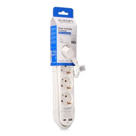 Edm Prolongador con 4 Tomas Schuko, Interruptor, 2 USB (A+C), Cable 1,5m H05VV-F 3G1,5mm², Blanco