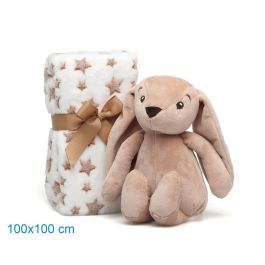 KioKids Conejo de Peluche Marrón con Mantita de Estrellas 25cm y Manta 100x100cm +0 Meses
