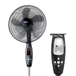 Edm Ventilador de Pie Negro 60W Ø40cm Altura Regulable 110-130cm Mando a Distancia con 5 Aspas y Temporizador