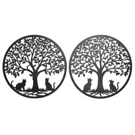 DKD Home Decor Decoración de Pared Shabby Diseño Árbol Gato Metal Negro 60x60 cm (4 Unidades)