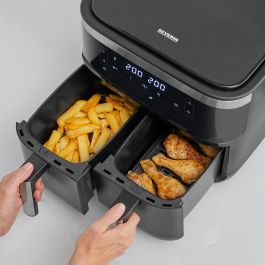 Severin FR 2453 Freidora de Aire Caliente Doble 3.25L con 1.3kg Capacidad y Temperatura de 80°C a 200°C, Negro/Plata