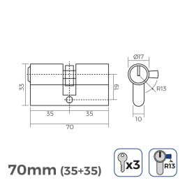 Bombín de latón 70mm (35+35mm) leva corta r13 con 3 llaves de serreta incluidas Bombín de latón 70mm (35+35mm) leva corta r13 con 3 llaves de serreta incluidas