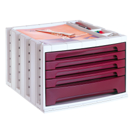 Archivo 2000 Fichero Cajones Sobremesa 305x370x215 mm Bandeja Organizadora Superior 5 Cajones Burdeos Opaco