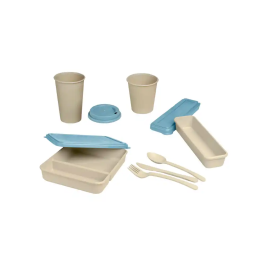 Exacompta Fiambrera Beige con Tapa Azul, 3 Cubiertos Reutilizables, 205x65x40 mm