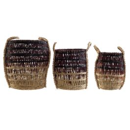 DKD Home Decor Cesta Tropical Hecha a Mano de Seagrass, Set de 3 Cestas Lila y Natural 39x39x41 cm, Ideal para Decoración y Almacenaje