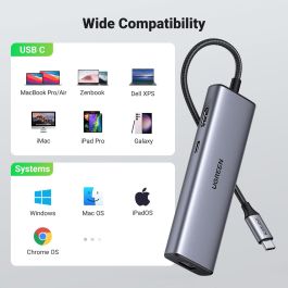 Ugreen USB-C Hub 6 en 1 con 2 USB 3.0, HDMI 4K, Gigabit Ethernet RJ45, Lector SD/TF y Carga PD