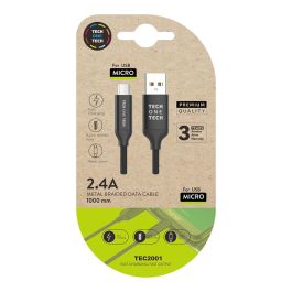 Tech One Tech 2.4 Cable USB Braided Nylon Micro USB para Carga y Datos, Compatible con Android, 1 metro, Color Negro de Alto Rendimiento