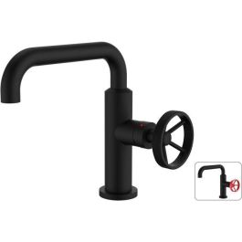 Rousseau Mezclador de lavabo industrial Caño móvil Negro, cartucho cerámico 25 mm, mango metálico estriado, incluye manija roja Precio: 75.94999995. SKU: B1ARDP97ES