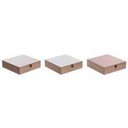 DKD Home Decor Caja Organizadora de Infusiones Estilo Scandi Rosa Blanco de MDF y Cristal 24x24x7 cm Colección Pixel Love (3 Unidades)