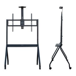 TooQ FS20208M-B Soporte de Suelo Móvil con Ruedas para TV 55-100", hasta 120kg. Altura Ajustable, Bandejas, Gestión de Cables, Acero Negro.