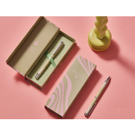 Belius Ink Dreams Bolígrafo Aluminio Verde Matcha y Rosa Plateado con Frase Interior Tinta Azul Caja Diseño 1 mm