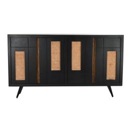 DKD Home Decor Buffet Negro y Natural de Madera de Mango y Ratán con Patas de Metal, 4 Puertas, 2 Estanterías, 160x40x90 cm
