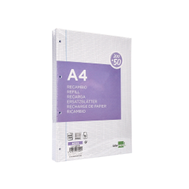 Liderpapel Recambio A4 250 Hojas 90gr Cuadro 4mm Con Margen 4 Taladros