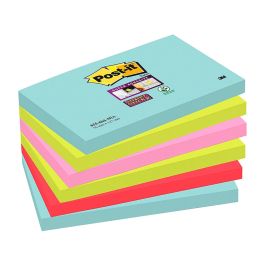 Post-it Bloc de notas adhesivas super sticky 76x127 mm, Pack de 6 unidades, Colores Miami, 90 hojas