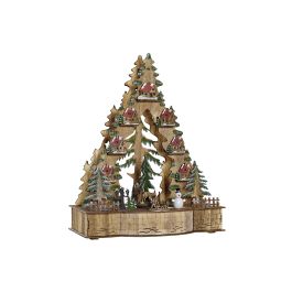 DKD Home Decor Casa de Navidad Alpina de Madera con Luz LED y Diseño de Árboles y Casas Natural Verde 15x37x30 cm, Funciona con 3 Pilas AAA