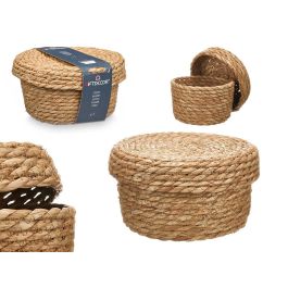 Giftdecor Cesto Organizador de Almacenaje Redondo Mediano con Tapa de Fibra Natural Totora, Color Natural - 24x13x24 cm (6 Unidades)