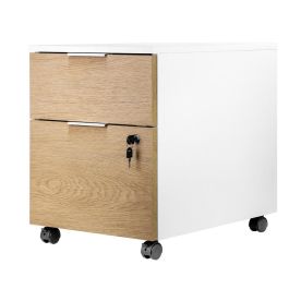Phoenix - Cajonera de Oficina 2 Cajones, Gama Artisan, Combinación Blanco y Madera Natural, con Ruedas y Cajón con Llave, 40x54.5x44.2 cm (52 cm con ruedas)