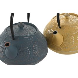 DKD Home Decor Tetera Oriental de Hierro Fundido 1.2L Amarillo Turquesa Apta para Lavavajillas y Gas