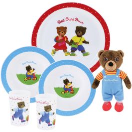 Fun House FUN3524550066165 Vajilla Oso Marrón: Plato Llano Ø 22 cm, 2 Platos Hondos Ø 16 cm, 2 Vasos 220 ml, Peluche 18 cm