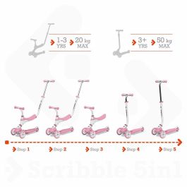 Mondo Scooter On and Go Scribble 5 en 1 plegable con 3 ruedas, manillar ajustable y freno trasero - Rosa