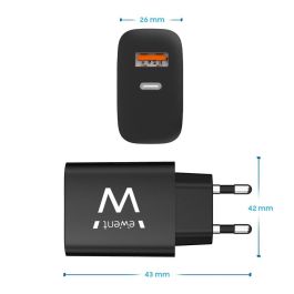 Ewent EW1319 Cargador USB-C 20W Doble Puerto PD QC3.0 Carga Rápida para iPhone 15/14 y Android Negro